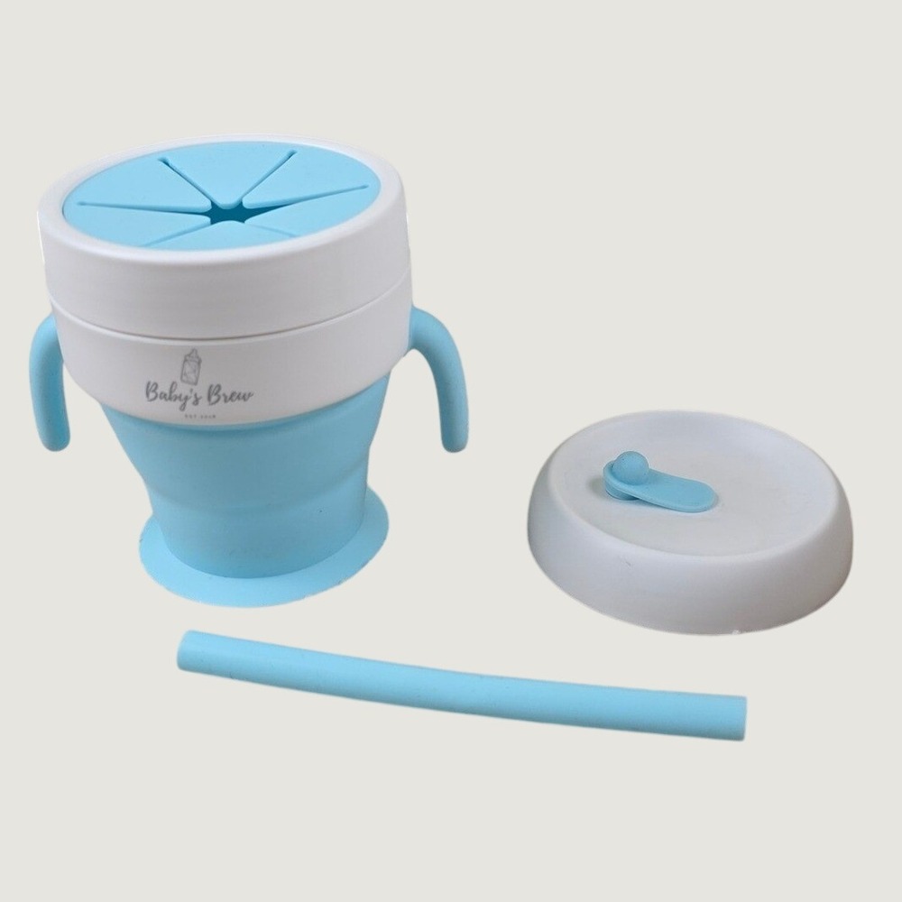 Baby's Brew 2-in-1 Snack Cup Sippy Cup Collapsible Silicone Straw Blue‎